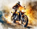 Watercolour abstract illustration an off-road motorcycle driving through fire and flames