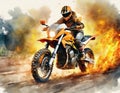 Watercolour abstract illustration an off-road motorcycle driving through fire and flames