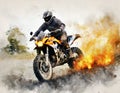 Watercolour abstract illustration an off-road motorcycle driving through fire and flames