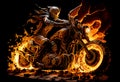 Watercolour abstract paintingof an off-road motorcyle and rider where the motorbike is driving through fire and flames at an