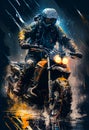 Watercolour abstract paintingof an off-road motorcyle and rider where the motorbike is driving through mud, dirt and water at an