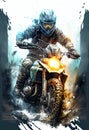 Watercolour abstract paintingof an off-road motorcyle and rider where the motorbike is driving through mud, dirt and water at an