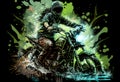 Watercolour abstract paintingof an off-road motorcyle and rider where the motorbike is driving through mud, dirt and water at an