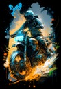 Watercolour abstract paintingof an off-road motorcyle and rider where the motorbike is driving through mud, dirt and water at an