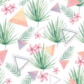 Watercolour abstract seamless pattern tropical summer mood. FLoral and geometry shapes composition for the textile fabric, paper.