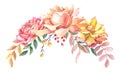 Watercolour arrangement of roses and leaves. Autumn composition withy yellow,pink rose3