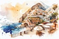 Watercolour of beautiful Positano in Italy