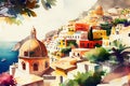 Watercolour of beautiful Positano in Italy