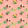 Watercolour botanical illustration tropical fruits seamless pattern Royalty Free Stock Photo