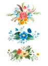 Watercolour bouquet of flowers. Hand-painted decoration element with roses, forget-me-nots, globe-flowers and leaves