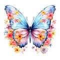 Watercolour butterfly and spring flowers in pastel colors. Watercolor illustration isolated Ai, Ai Generated