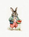 watercolor drawing of a cute rabbit and a piece of watermelon, a bunny eats fruit