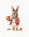 watercolor drawing of a cute rabbit and a piece of watermelon, a bunny eats fruit