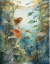 watercolor drawing girl life under water, fantasy underwater