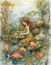 watercolor drawing girl life under water, fantasy underwater