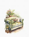 Watercolor vintage furniture in colors, interior seating area, sofa, armchair