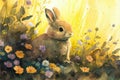 Watercolour cartoon of a cute Bunny rabbit sitting amongst flowers in a dreamy garden at Easter