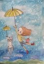 Watercolour cartoon of girl and cat with umbrella I rainy sky