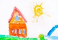 Watercolour child hand drawing. Orange house, grass, sun and fountain