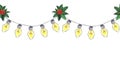 Watercolour christmas seamless border with glass garland with five yellow bulbs and holly. Hand drawn illustration