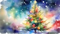 Watercolour Christmas tree bright colours Royalty Free Stock Photo