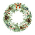 Watercolour Christmas wreath with berries, pine cones, bow, caramel and tree branches. Hand painted fir border isolated Royalty Free Stock Photo