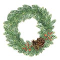 Watercolour Christmas wreath with berries, pine cones and tree branches. Hand painted fir border isolated on white