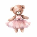 watercolour clipart of dark brown teddy bear wearing a pink tutu