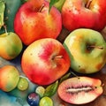 Watercolour with close up of apples and sliced fruit, created using generative ai technology