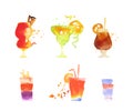 Watercolour Cocktail Poured in Glass with Straw as Summer Refreshing Drinks Vector Set
