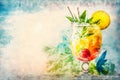 Watercolour cold low alcohol drink cocktail with fruit slices, ice cubes and straws Royalty Free Stock Photo