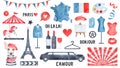 Watercolour collection of various symbols of Paris and French culture.