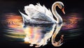 Watercolour colourful painting of white swan on lake undulation reflective water