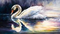 Watercolour colourful painting of white swan on lake undulation reflective water