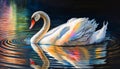 Watercolour colourful painting of white swan on lake undulation reflective water