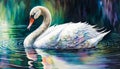 Watercolour colourful painting of white swan on lake undulation reflective water