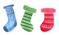 Watercolour colourful socks for presents. Royalty Free Stock Photo