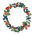 Watercolour cranberry, blueberry, raspberry wreath with forest berries and leaves. Hand drawn illustration for