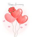 Watercolour cute bunch of Valentine red balloons heart shape with bouquet of red roses, happy Anniversary, greeting card hand