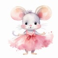 watercolour cute happy mouse wearing a pink tutu dress