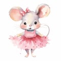 watercolour cute happy mouse wearing a pink tutu dress clipart