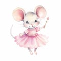 watercolour cute happy mouse wearing a pink tutu dress on white background