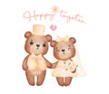 Watercolour cute two couple brown teddy bears in wedding groom and bride hold hand, happy together, Valentine cartoon character Royalty Free Stock Photo