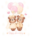 Watercolour cute two couple brown teddy bears in wedding groom and bride hold hand, Valentine cartoon character hand drawing