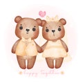 Watercolour cute two couple brown teddy bears in wedding groom and bride holding hand, Valentine cartoon character hand drawing