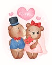 Watercolour cute two couple kissing Wedding brown teddy bears in groom and bride, Mr. and Mrs., cartoon character hand drawing