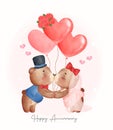 Watercolour cute two couple Valentine brown teddy bears in groom and bride kissing, happy Anniversary, cartoon character hand Royalty Free Stock Photo