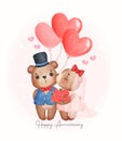 Watercolour cute two couple Wedding brown teddy bears in groom and bride kissing, happy Anniversary, cartoon character hand Royalty Free Stock Photo