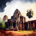 Watercolour drawing of temple Angkor Vat in Cambodia, ai illustration