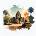 Watercolour drawing of the ancient temple near a pond, generative ai illustration